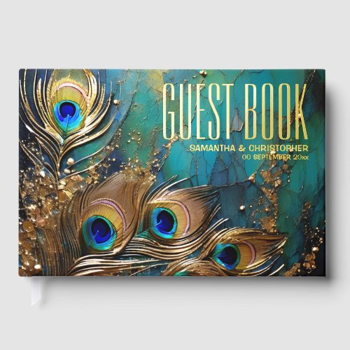 Peacock feathers plume gold foil scatter marbled foil guest book