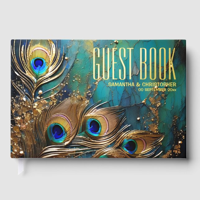 Peacock feathers plume gold foil scatter marbled  foil guest book  (Front)