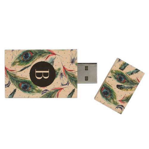 Peacock Feathers  Polka Dots Pattern Wood USB Flash Drive