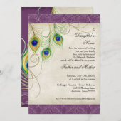 Peacock Feathers Purple Damask Quinceanera Party Invitation (Front/Back)