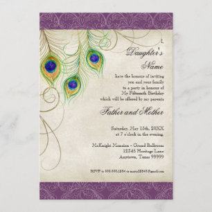 Peacock Feathers Purple Damask Quinceanera Party Invitation
