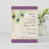 Peacock Feathers Purple Damask Quinceanera Party Invitation (Standing Front)