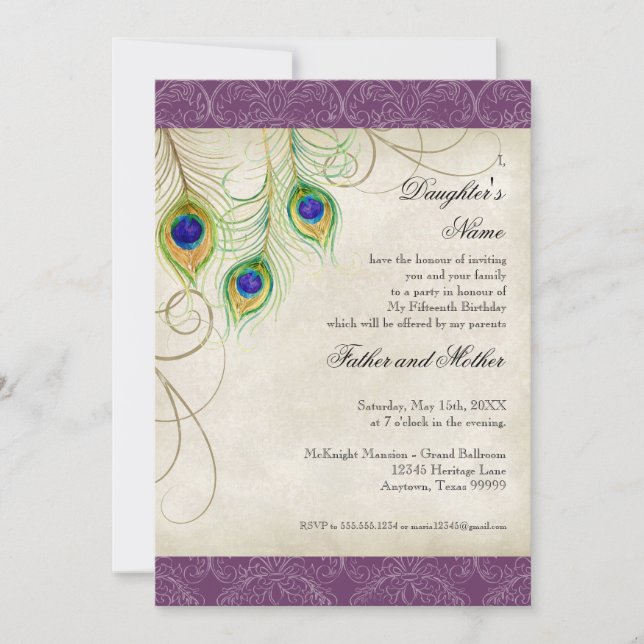 Peacock Feathers Purple Damask Quinceanera Party Invitation (Front)