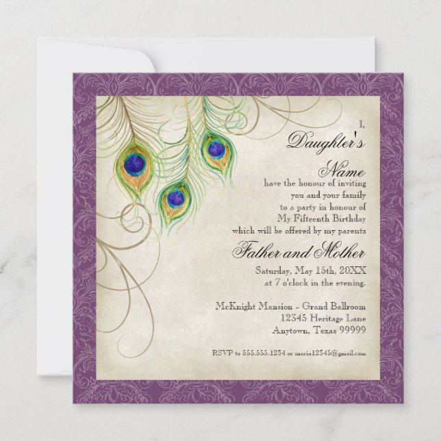 Peacock Feathers Purple Damask Quinceanera Party Invitation (Front)