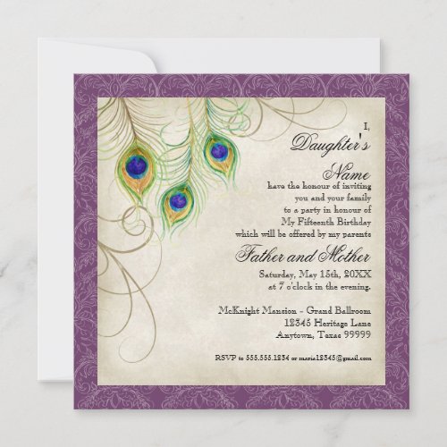 Peacock Feathers Purple Damask Quinceanera Party Custom Invitations