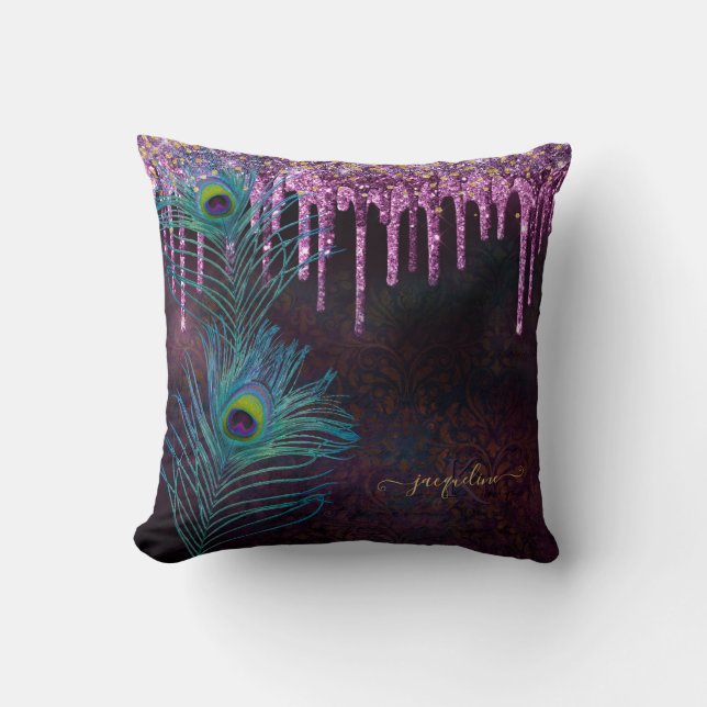 Peacock Feathers Purple Glitter Drip Monogram Name Throw Pillow (Front)