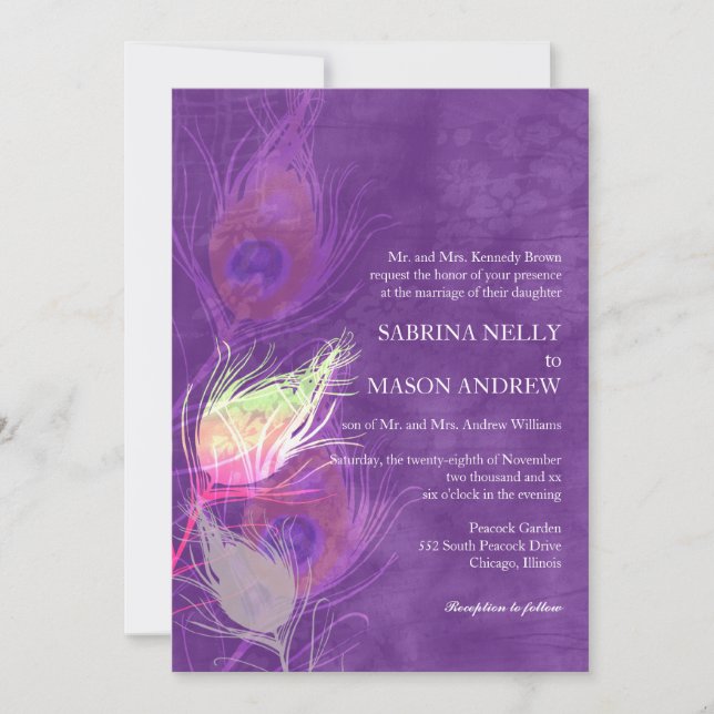Peacock Feathers Purple Wedding Invitation (Front)