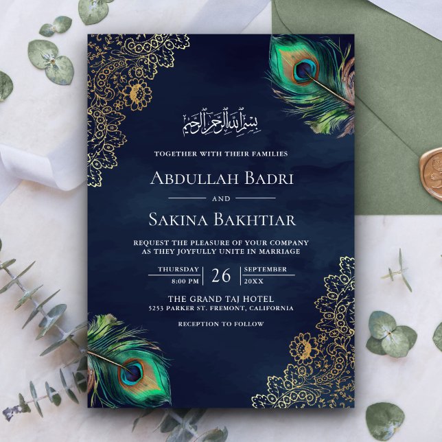 Peacock Feathers QR Code Navy Blue Muslim Wedding Invitation (Creator Uploaded)