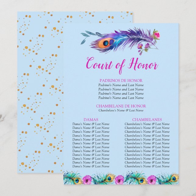 Peacock Feathers Quinceañera Court of Honor Blue Program (Front/Back)