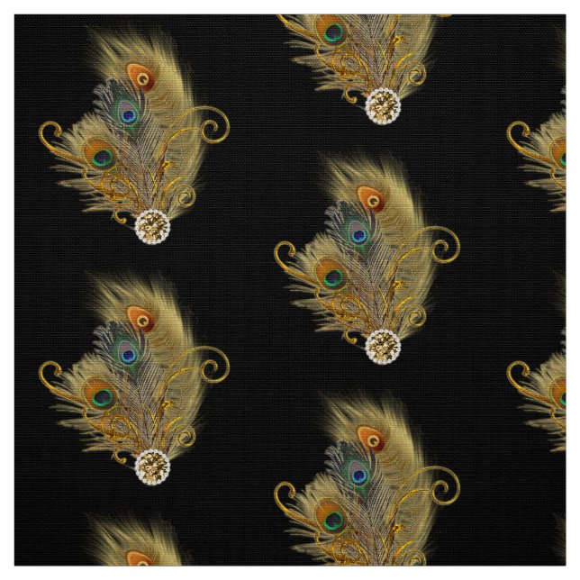 Peacock Feathers Rhinestone Diamond Pattern Black Fabric (Swatch)