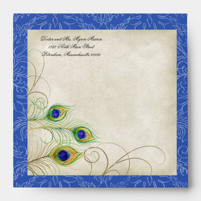 Peacock Feathers Royal Blue Quinceanera Invites Envelope (Front)