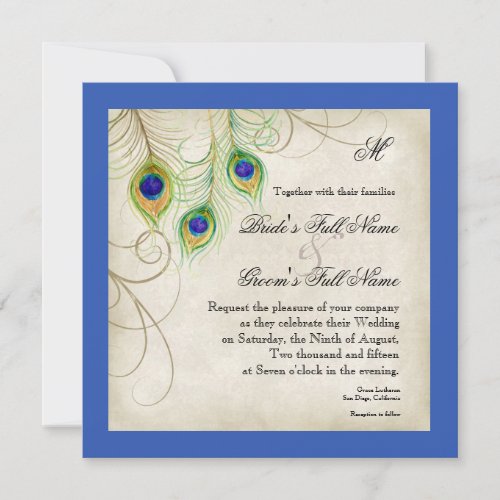 Peacock Feathers Royal Blue Wedding Invitation