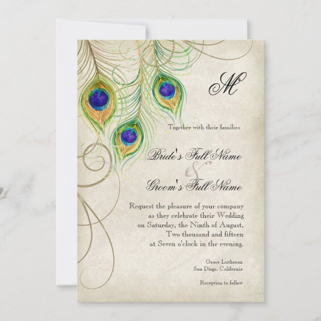 Peacock Feathers Royal Blue Wedding Invitation (Front)