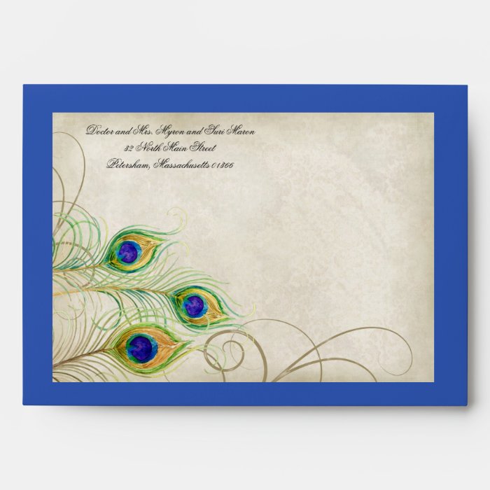 Peacock Feathers Royal Blue Wedding Invitation 5x7 Envelopes