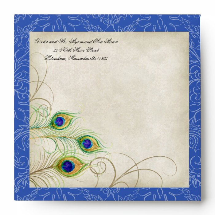 Peacock Feathers Royal Blue Wedding Invitation Envelope