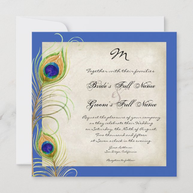 Peacock Feathers Royal Blue Wedding Invites (Front)