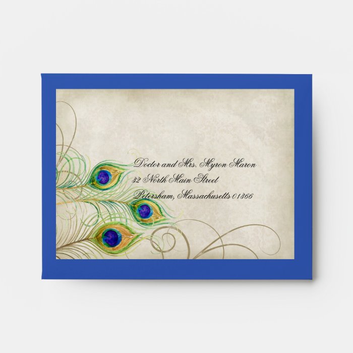 Peacock Feathers Royal Blue Wedding RSVP Response Envelope