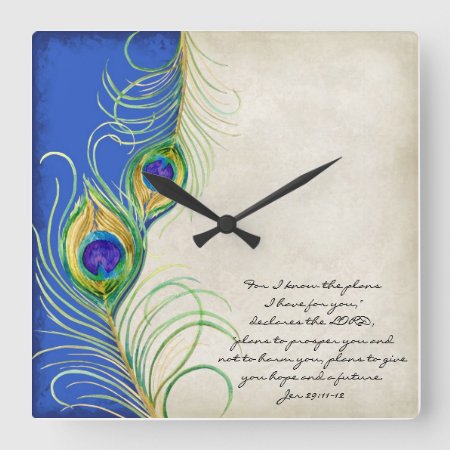 Peacock Feathers Royal Damask Christian Scripture Square Wall Clock
