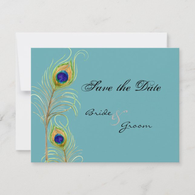 Peacock Feathers Save the Date Invite Cards (Front)