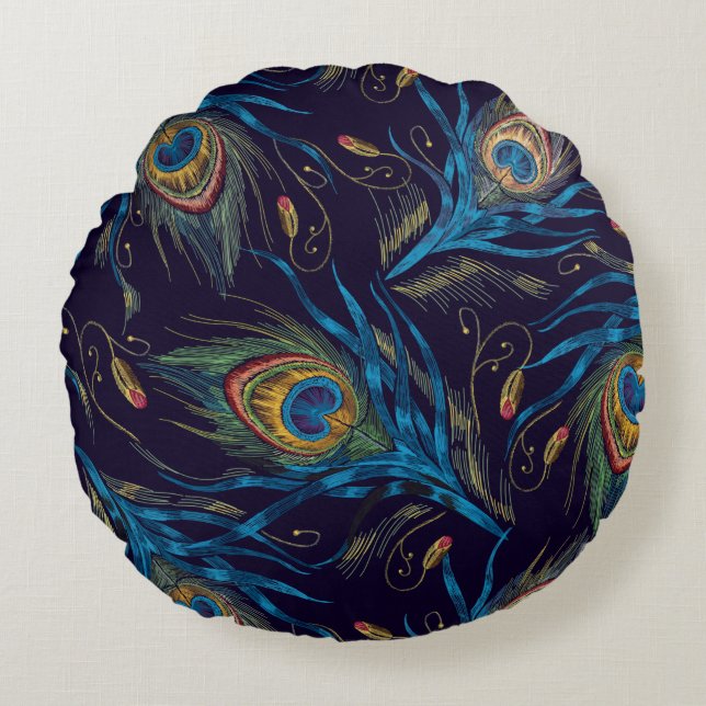 Peacock Feathers Seamless Pattern Round Pillow (Front)