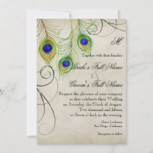Peacock Feathers Silver Damask Wedding Stationery Invitation