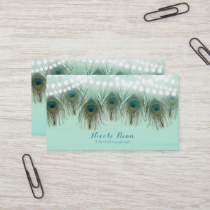 Peacock Feathers & String Lights Rustic Elegant Business Card