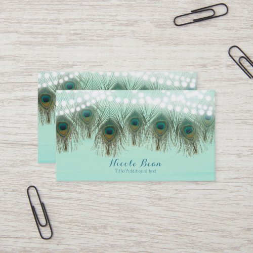 Peacock Feathers  String Lights Rustic Elegant Business Card
