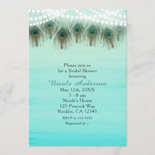 Peacock Feathers & String Lights Rustic Invitation