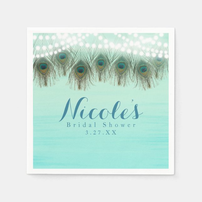 Peacock Feathers & String Lights Rustic Party Paper Napkins (Front)