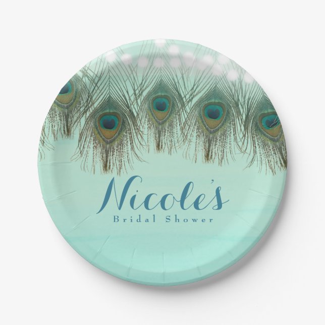 Peacock Feathers & String Lights Rustic Party Paper Plates (Front)