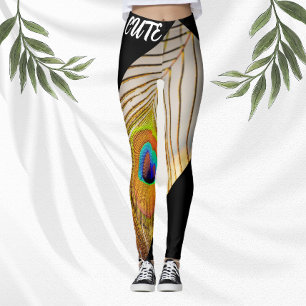 Peacock Feathers Stylish Black Modern Tan Women Leggings