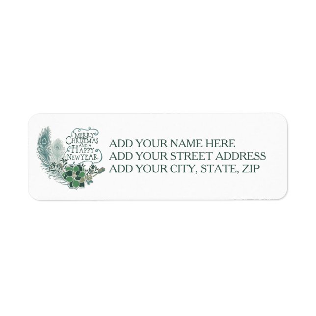 Peacock Feathers Succulents Holiday Address Labels (Front)