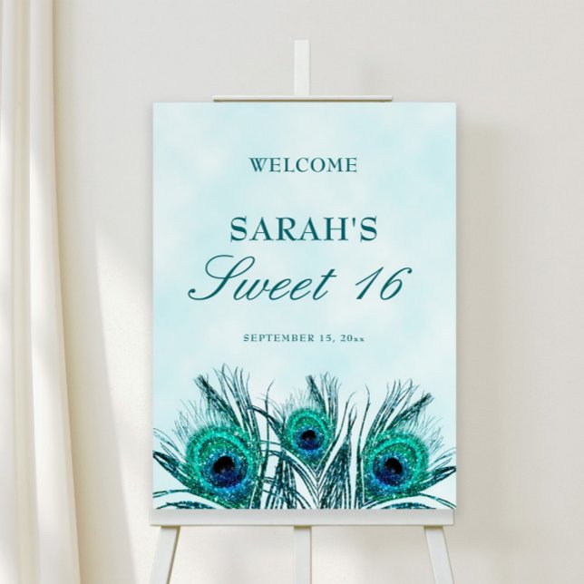 Peacock Feathers Sweet 16 Glittery Feathers Foam Board (Elegant glittery peacock feathers Sweet 16 Welcome sign)