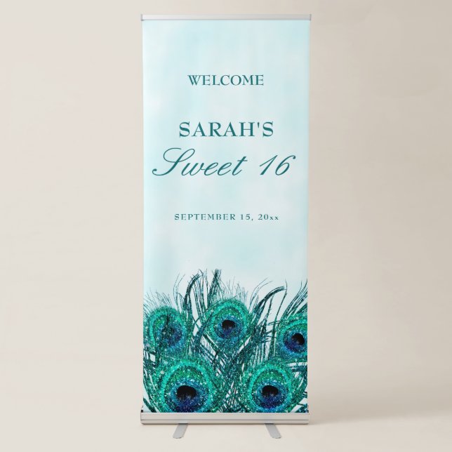 Peacock Feathers Sweet 16 Glittery Feathers Retractable Banner (Front)