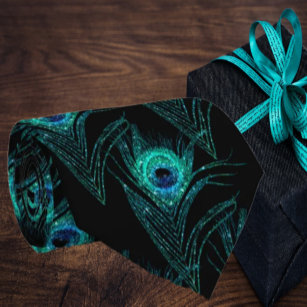 Peacock Feathers Teal Blue Black Neck Tie Necktie