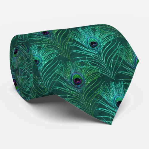 Peacock Feathers Teal Glitter Necktie Neck