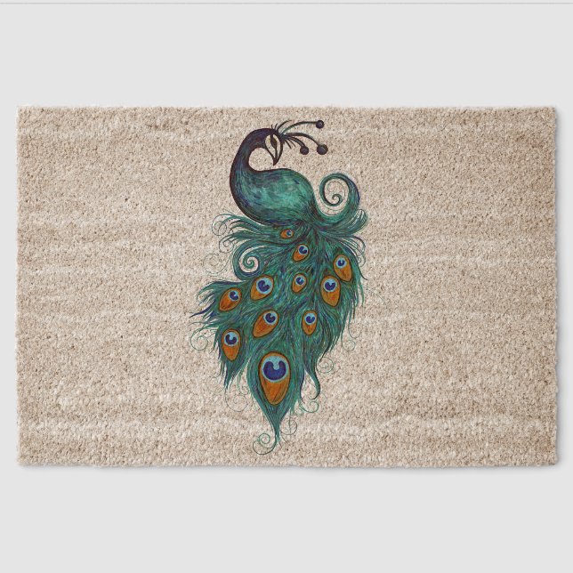Peacock Feathers Teal Peacocks      Fiber Doormat (Front)