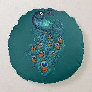 Peacock Feathers Teal Peacocks Round Pillow
