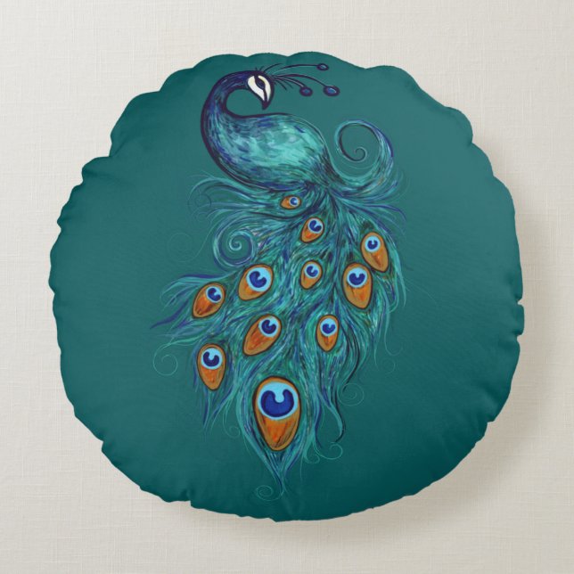 Peacock Feathers Teal Peacocks          Round Pillow (Front)