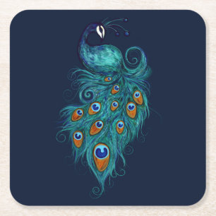 Peacock Feathers Teal Peacocks                     Square Paper Coaster