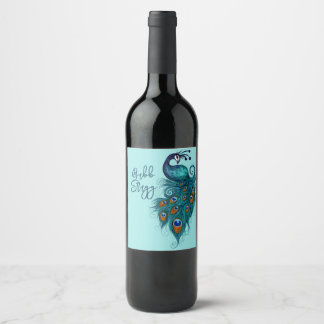 Peacock Feathers Teal Peacocks    Wine Label