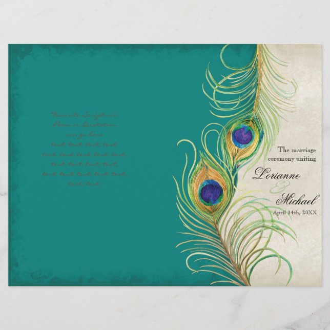 Peacock Feathers - Teal, Wedding Program (Front)