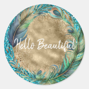 Peacock Feathers Turquoise Blue Glitter Classic Round Sticker