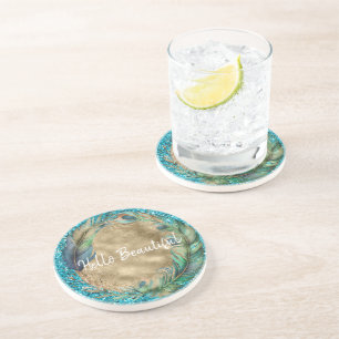 Peacock Feathers Turquoise Blue Glitter Coaster