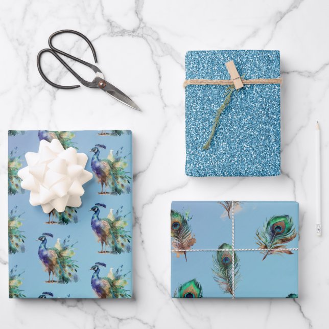 Peacock Feathers Turquoise Blue Glitter Wrapping Paper Sheets (Front)