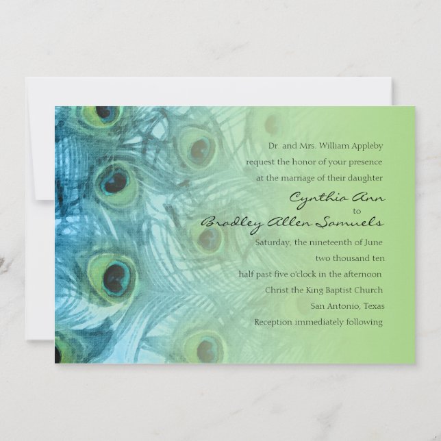 Peacock Feathers Turquoise Green Invitation (Back)
