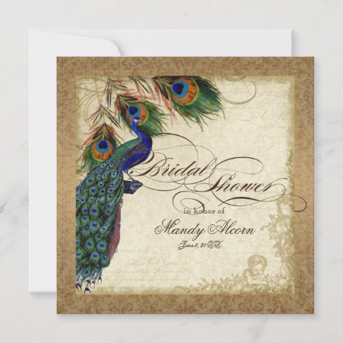 Peacock  Feathers Vintage Gold Damask Scrollwork Invitation