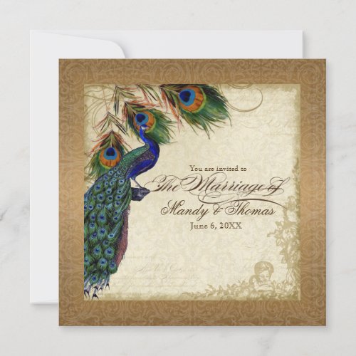 Peacock  Feathers Vintage Gold Elegant Wedding Invitation