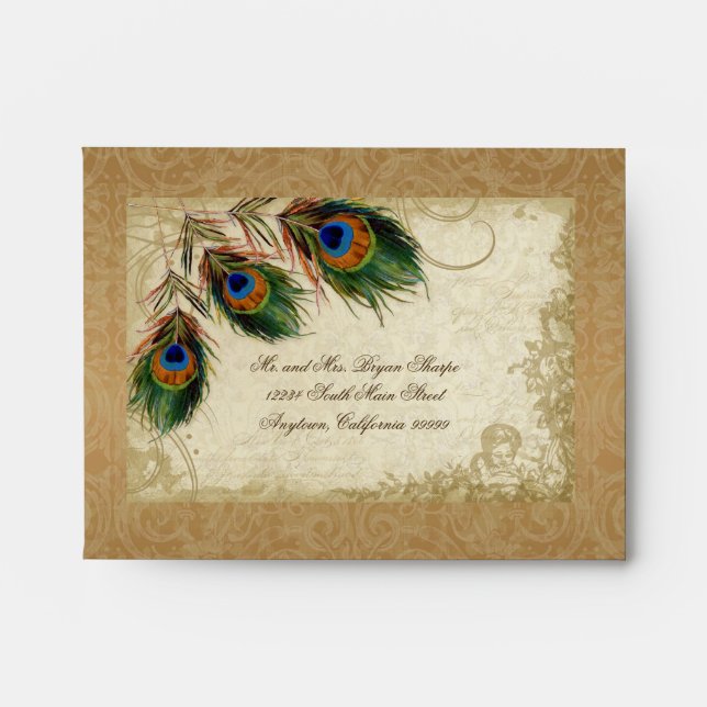 Peacock & Feathers Vintage Gold Look Damask  Swirl Envelope (Front)
