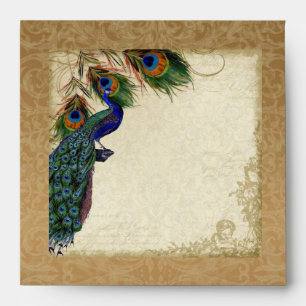 Peacock & Feathers Vintage Gold Look Damask Swirl Envelope